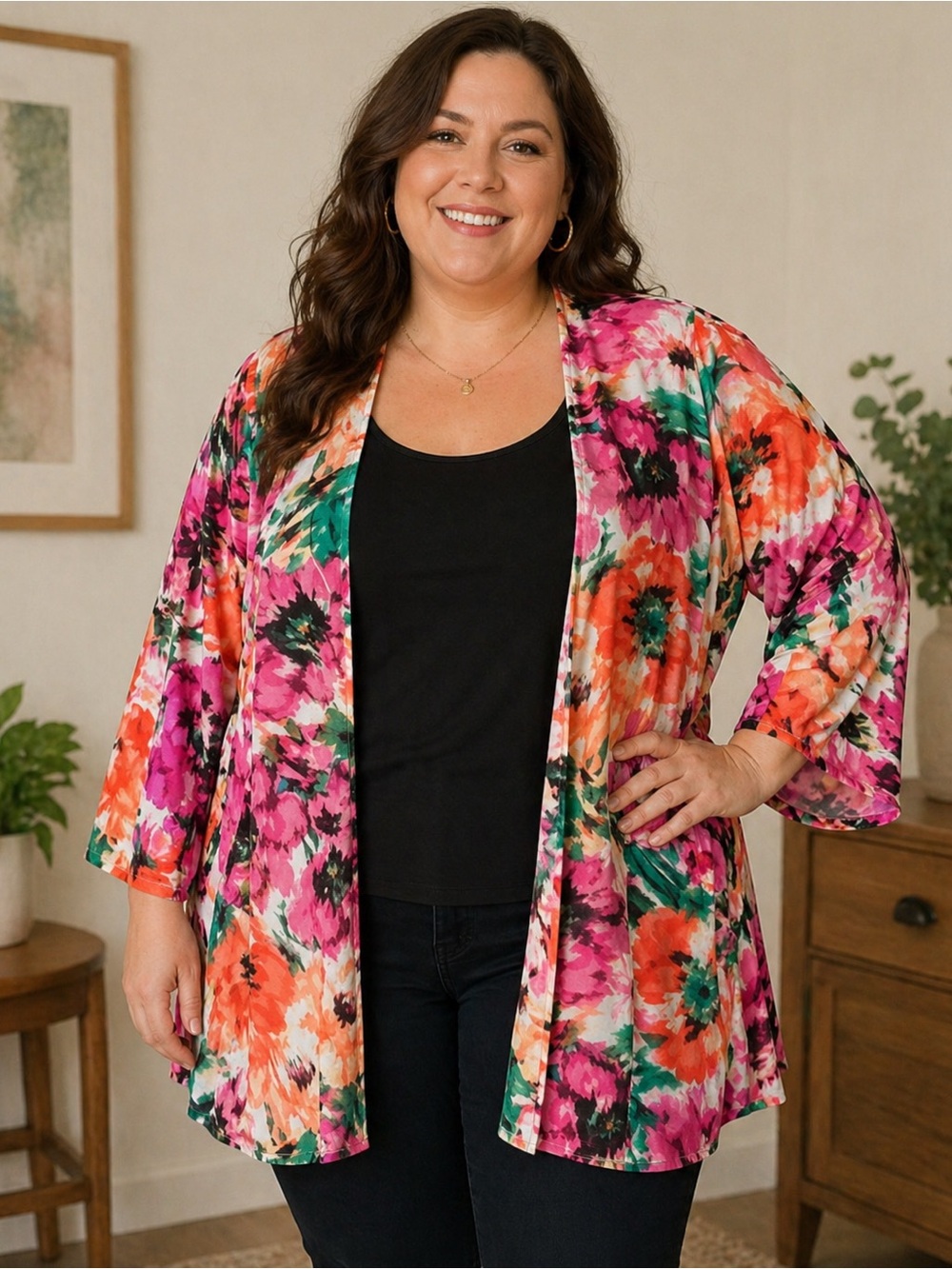 NWOT Colleen Lopez open front cover Pink & Orange floral sheer XL